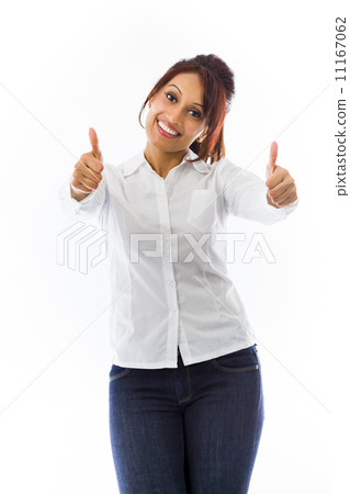 Indian young woman showing thumbs up from both hands isolated on white background 11167062