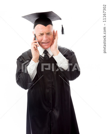 Senior male graduate trying to listen with talking on a mobile p 11167302