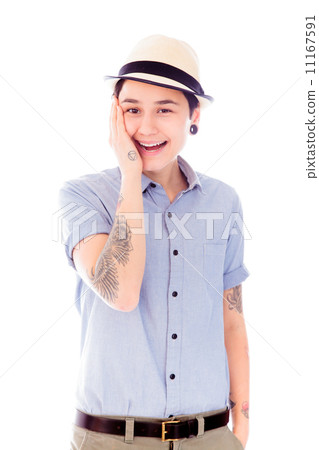 Young woman smiling with her hand on cheek 11167591