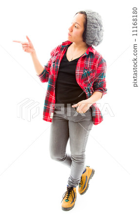 Young woman standing and showing something Young woman standing and showing something 11168180