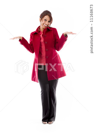 Indian young woman showing product with open hand palm 11168673