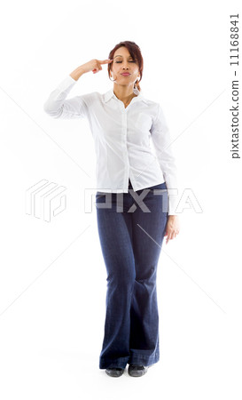 Indian young woman pointing finger to head Indian young woman pointing finger to head 11168841