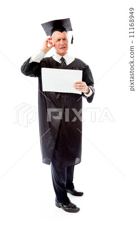 Stressed senior male graduate holding a blank placard 11168949