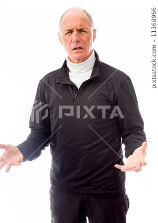 Senior man shrugging with raised hands Senior man shrugging with raised hands 11168966