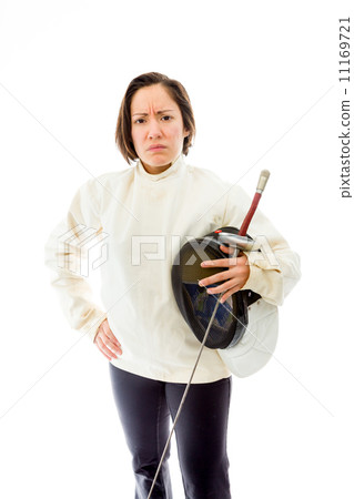 Female fencer standing with her hand on hip 11169721