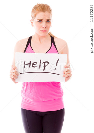 Young woman showing help sign on white background Young woman showing help sign on white background 11170282