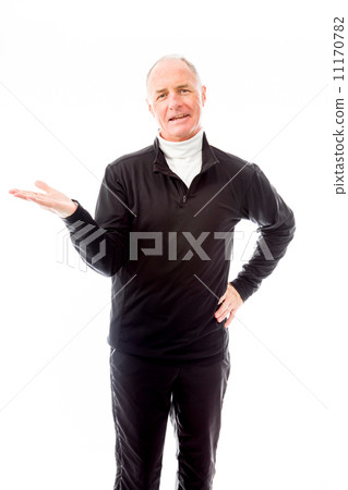 Senior man showing product with open hand palm 11170782