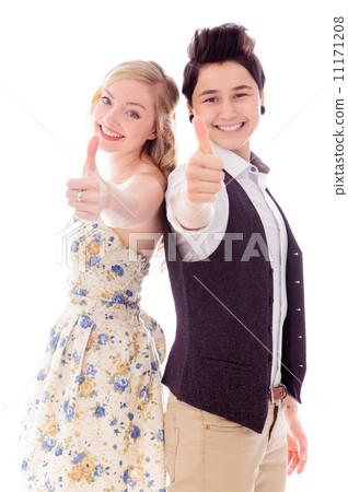 Lesbian couple showing thumbs up sign 11171208