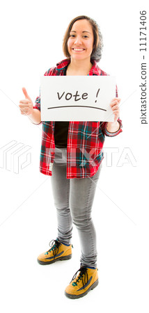 Young woman showing thumbs up with vote sign 11171406