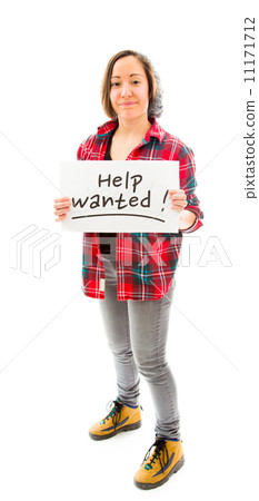 Young woman showing help wanted sign Young woman showing help wanted sign 11171712