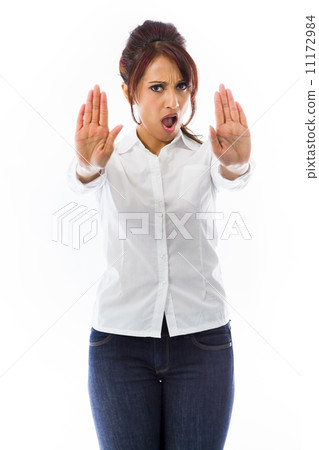 Indian young woman making stop gesture and showing stop 11172984