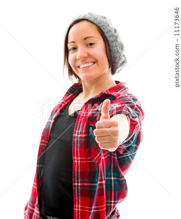 Young woman showing thumbs up sign and smiling Young woman showing thumbs up sign and smiling 11173646