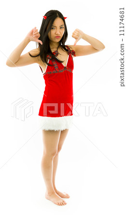 Devil side of a young Asian woman showing thumbs down sign with both hands isolated on white background Devil side of a young Asian woman showing thumbs down sign with both hands isolated on white background 11174681