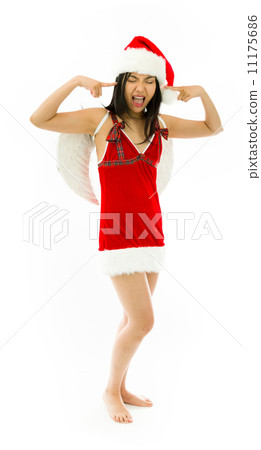 Asian young woman wearing Santa costume dressed up as an angel shouting in frustration isolated on white background 11175686