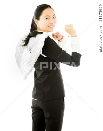 Angel side of a young Asian businesswoman with handcuffs and smiling isolated on white background 11175699
