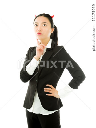 Devil side of a young Asian businesswoman thinking with finger on chin isolated on white background Devil side of a young Asian businesswoman thinking with finger on chin isolated on white background 11175939