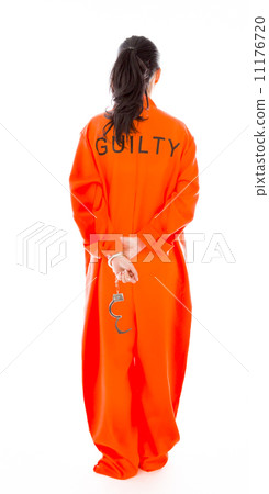 Rear view of a handcuffed Asian young woman in prisoners uniform 11176720
