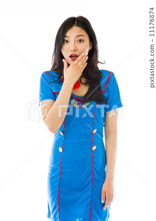 Shocked Asian air stewardess with hand over mouth isolated on white background Shocked Asian air stewardess with hand over mouth isolated on white background 11176874