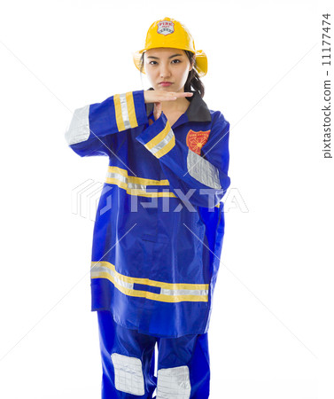Lady firefighter showing timeout signal 11177474