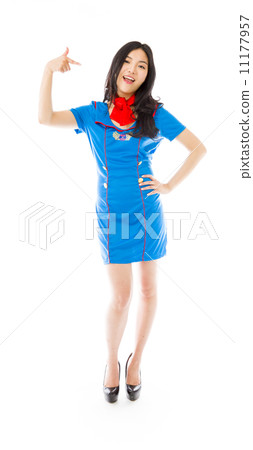 Asian air stewardess pointing at herself isolated over white background 11177957