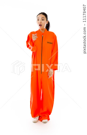 Young Asian woman scolding somebody in prisoners uniform 11178407
