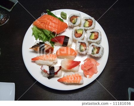 Assorted sushi served in a plate 11181036