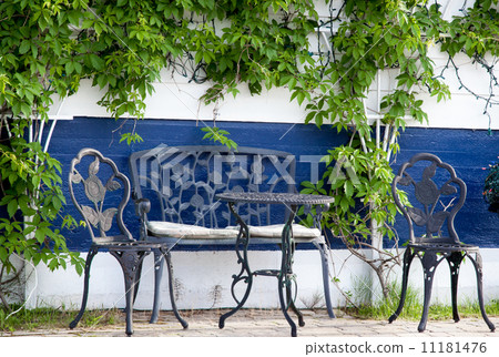 Table and chair arranged under a creeper, Quebec, Canada Table and chair arranged under a creeper, Quebec, Canada 11181476