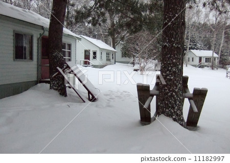 Snow covered benches leaning against trees in a ski resort, Oran Snow covered benches leaning against trees in a ski resort, Oran 11182997