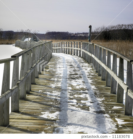 Snow in boardwalk, Orangeville, Dufferin County, Ontario, Canada 11183078