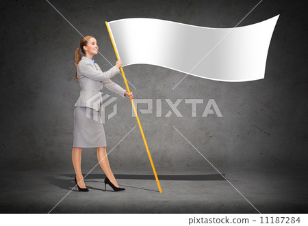 smiling woman holding flagpole with white flag 11187284