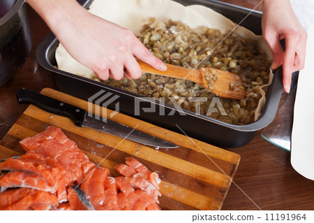 Close up of cooking fish pie with salmon and eggplants Close up of cooking fish pie with salmon and eggplants 11191964