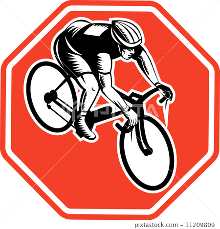 Cyclist racing bike set inside octagon 11209809