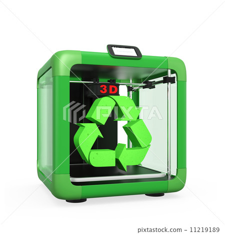 3D printer and recycling mark, concept of using recycled materials 3D printer and recycling mark, concept of using recycled materials 11219189