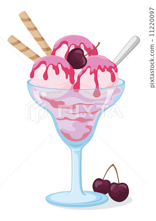 Glass with ice cream, cherry berries, scoop and wafer 11220097