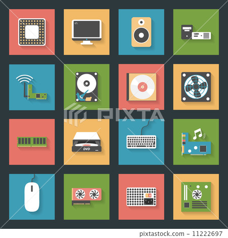 Computer peripherals and parts flat icons set Computer peripherals and parts flat icons set 11222697