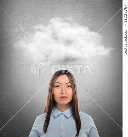 Close up of young asian woman with thought bubble above her head Close up of young asian woman with thought bubble above her head 11225767