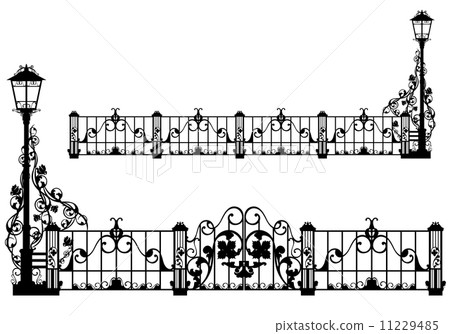 antique iron fence with street light and gates among rose flowers - black vector silhouette 11229485