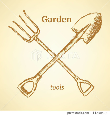 Garden fork and shovel,  background in sketch style 11230408