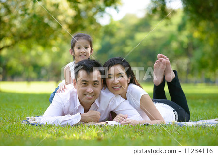 Young loving family couple & daughter in causal laying on a mat in a park Young loving family couple & daughter in causal laying on a mat in a park 11234116