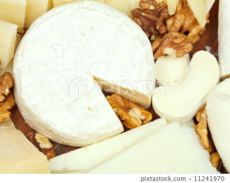 variety of cheeses on wooden plate 11241970