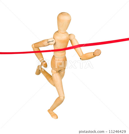 Wooden mannequin running through finishing line 11246429