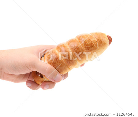 Hand holds hot dog baked. Hand holds hot dog baked. 11264543