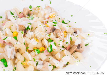close up of pasta cavatappi with vegetables 11266197