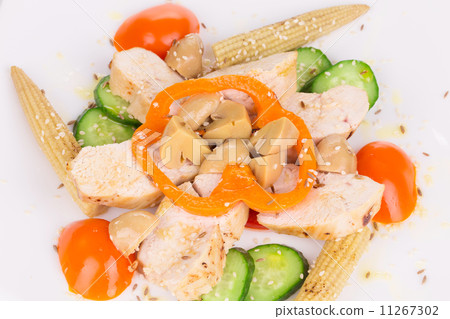 Meat salad with vegetables. Meat salad with vegetables. 11267302