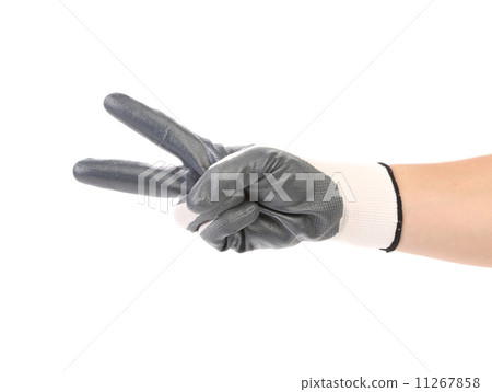 Hand shows two in rubber glove. 11267858