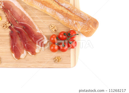 Prosciutto with tomatoes on wooden platter. Prosciutto with tomatoes on wooden platter. 11268217