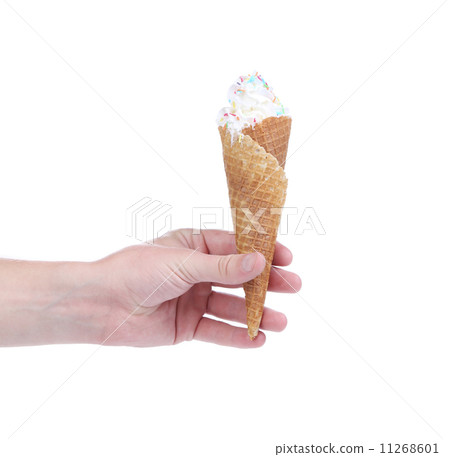 Hand holds cone vanilla ice cream. Hand holds cone vanilla ice cream. 11268601