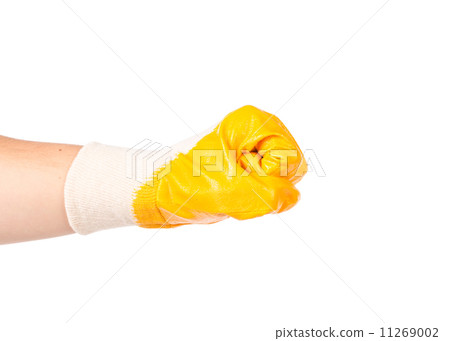 Strong male worker hand glove clenching fist. Strong male worker hand glove clenching fist. 11269002