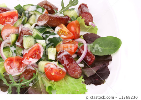 Salad with sausages. Close up. 11269230