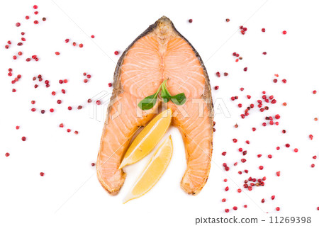 Fried salmon fillet with lemon. Fried salmon fillet with lemon. 11269398